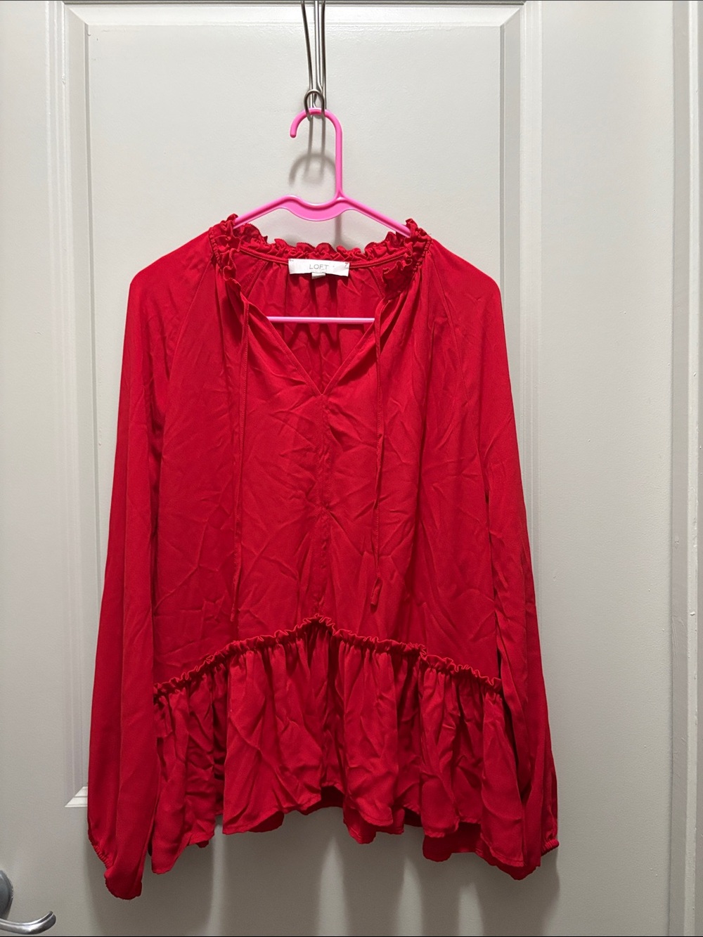 LOFT Red Ruffle-Hem Peasant Blouse